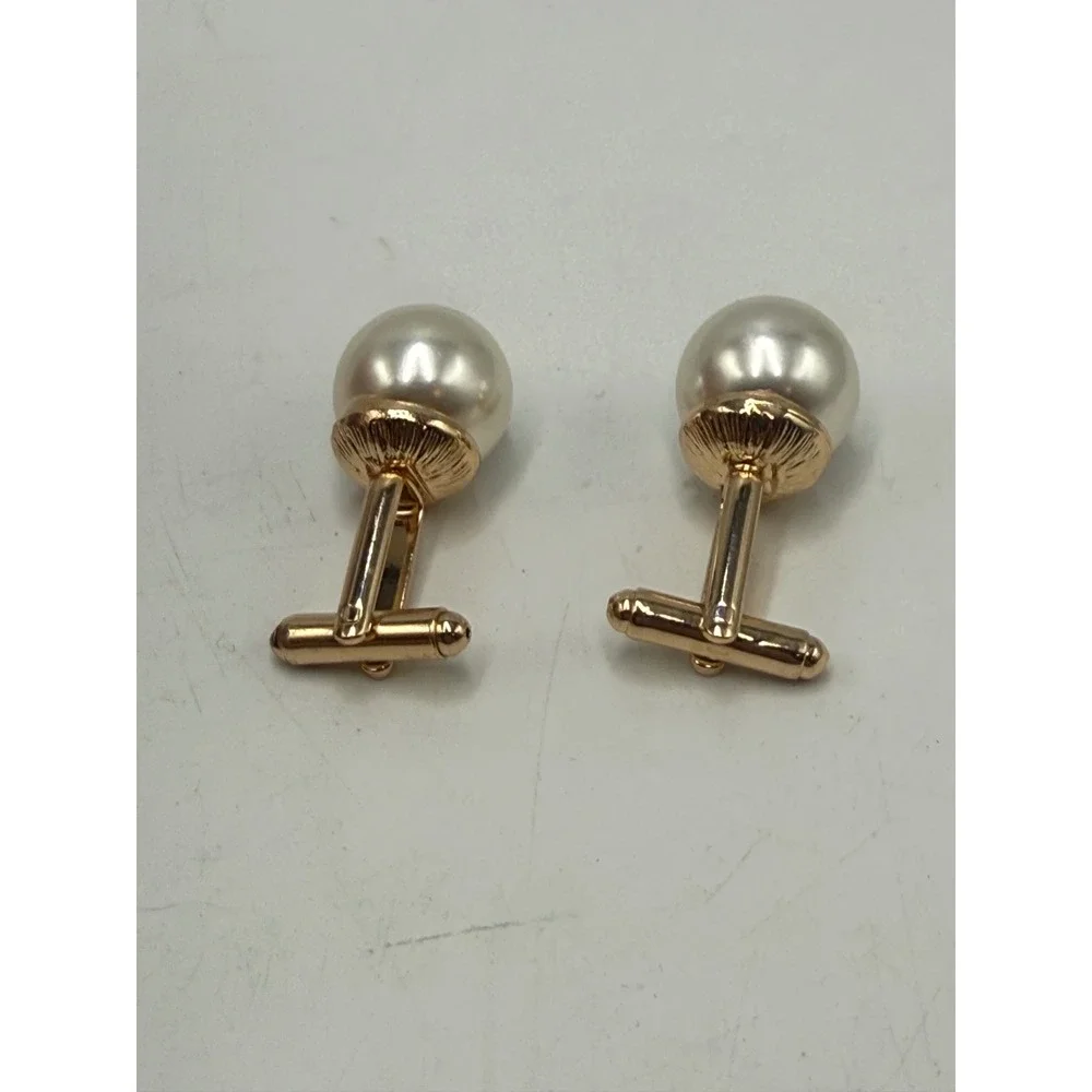 Vintage Faux Pearl Gold Tone Scalloped Cup Bullet Back Cufflinks Formal Wedding